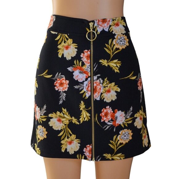 INC International Concepts Dresses & Skirts - INC Women Zip-Front Mini Skirt Yellow Peach White Floral Pattern on Black Size L